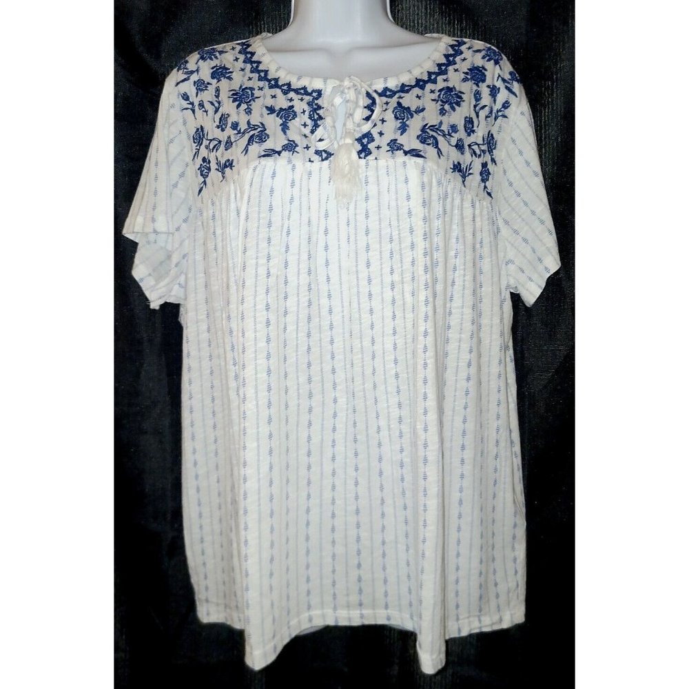 STYLE & CO NWT 1X White Cotton/Modal SS Peasant Knit Top w/ Blue Embroidery